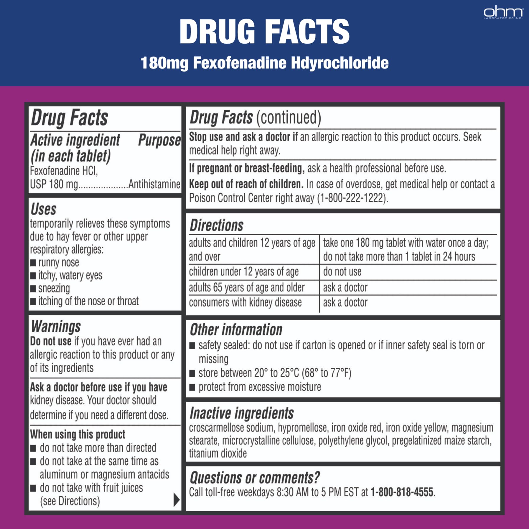Front view of Ohm allergy medicine 150-count pack for daily use.
