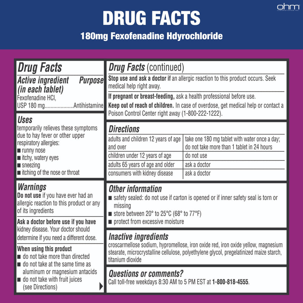 Front view of Ohm allergy medicine 150-count pack for daily use.