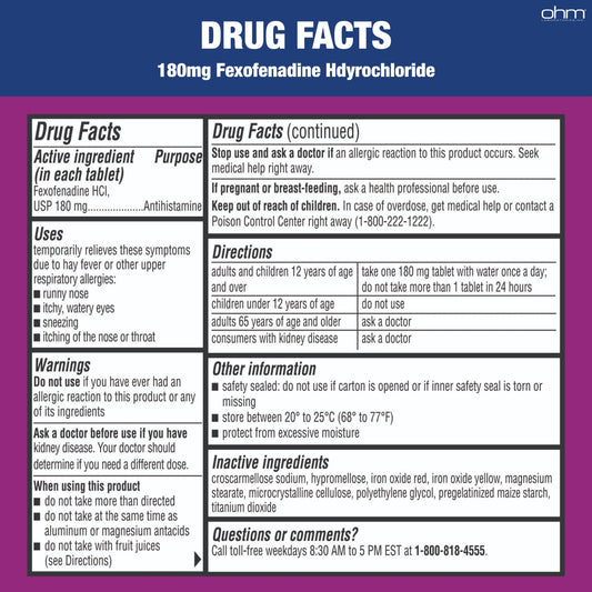 Front view of Ohm allergy medicine 150-count pack for daily use.