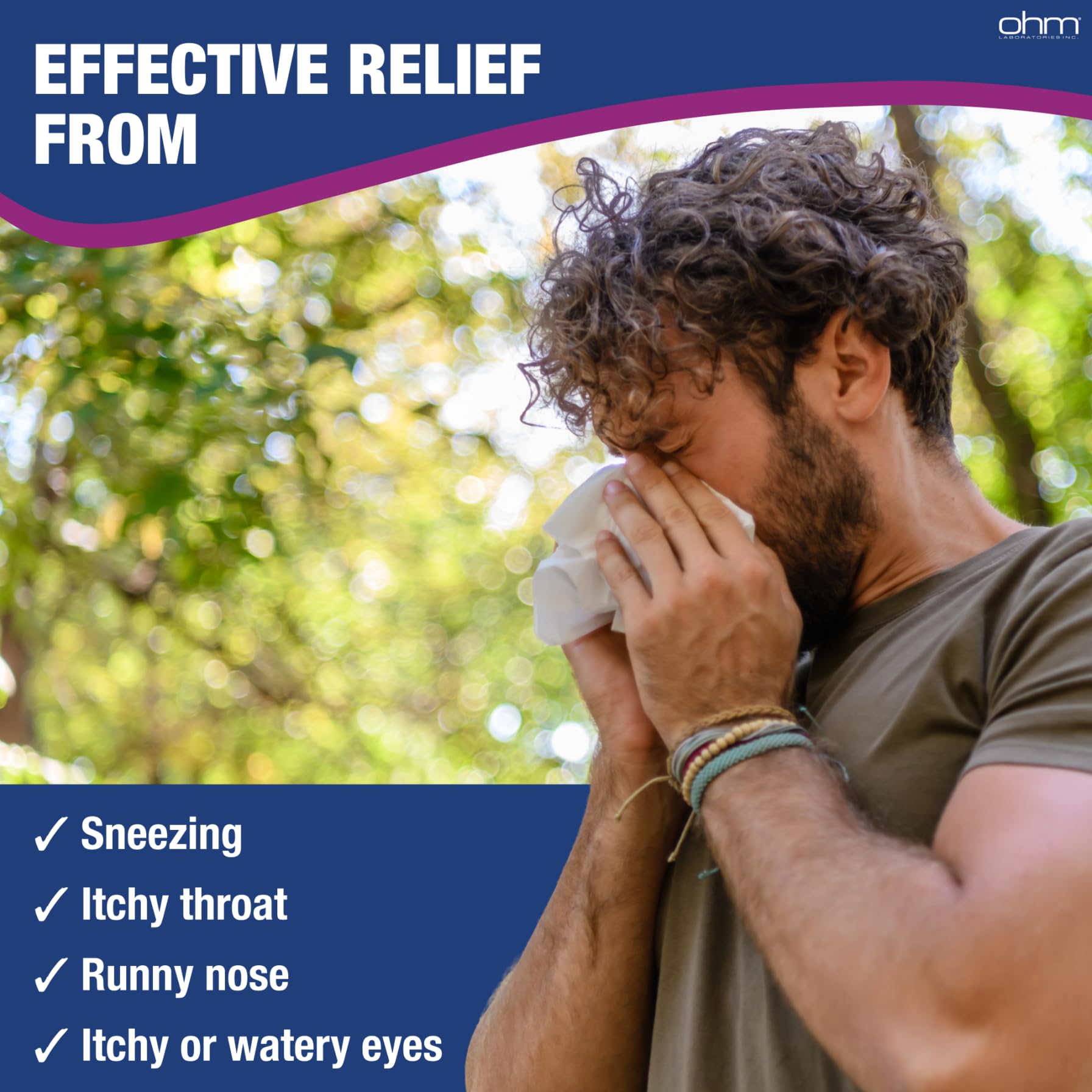 Indoor and outdoor allergy relief scene featuring Ohm medicine.