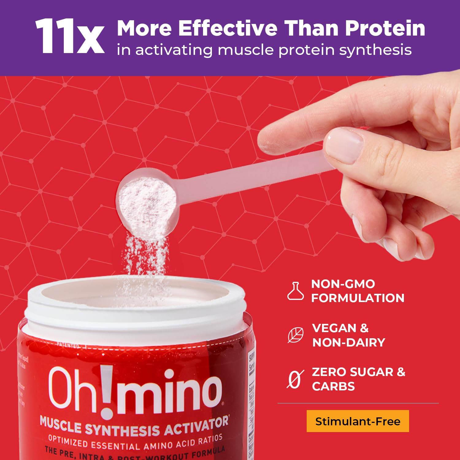 Oh!mino Berry Blast dissolving in water emphasizes clean nutrition with zero sugar.