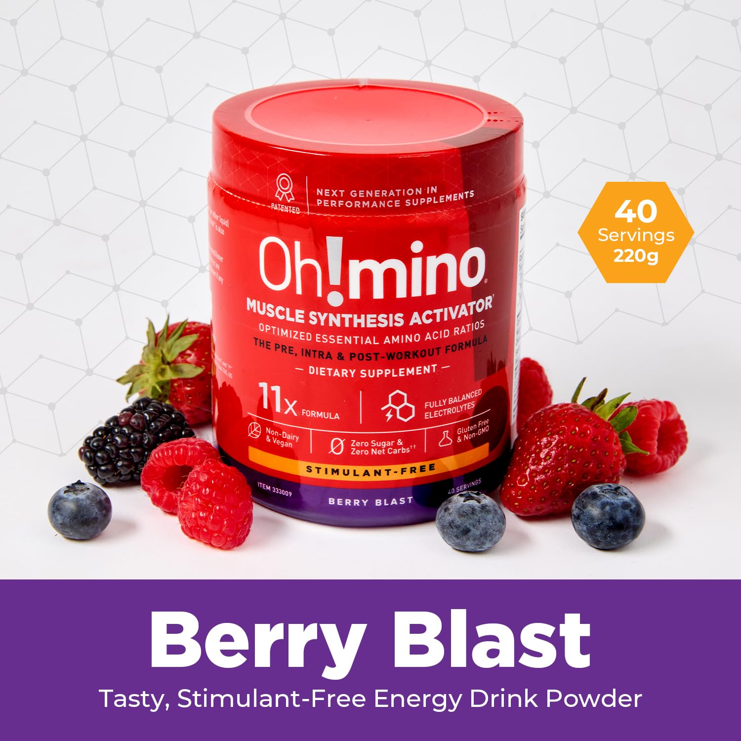 Oh!mino Berry Blast close-up of ingredients signals non-GMO, dairy-free nutrition.