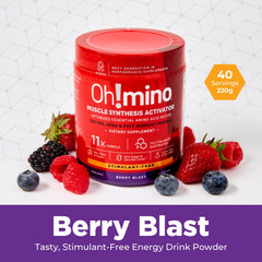 Oh!mino Berry Blast close-up of ingredients signals non-GMO, dairy-free nutrition.