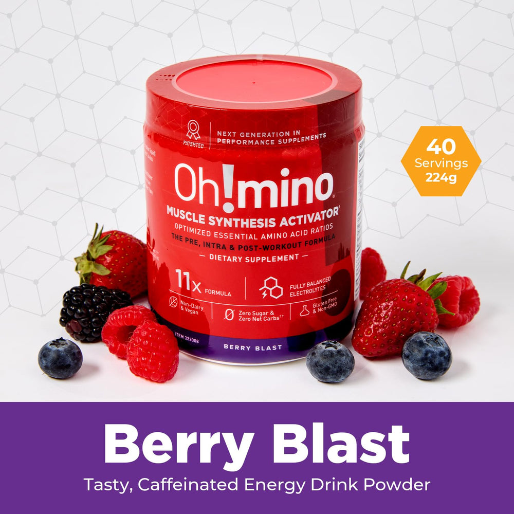 Oh!mino Berry Blast label close-up showing vegan and zero sugar