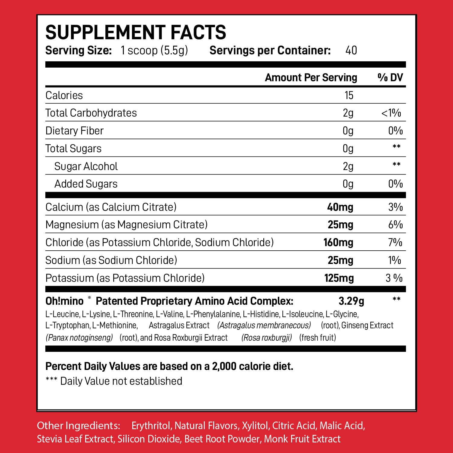 Oh!mino Berry Blast powder being poured highlights stimulant-free formula for steady workouts.