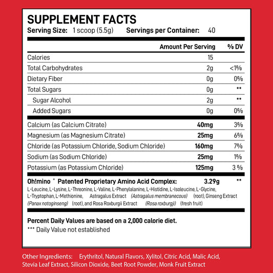 Oh!mino Berry Blast powder being poured highlights stimulant-free formula for steady workouts.