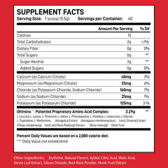 Oh!mino Berry Blast powder being poured highlights stimulant-free formula for steady workouts.