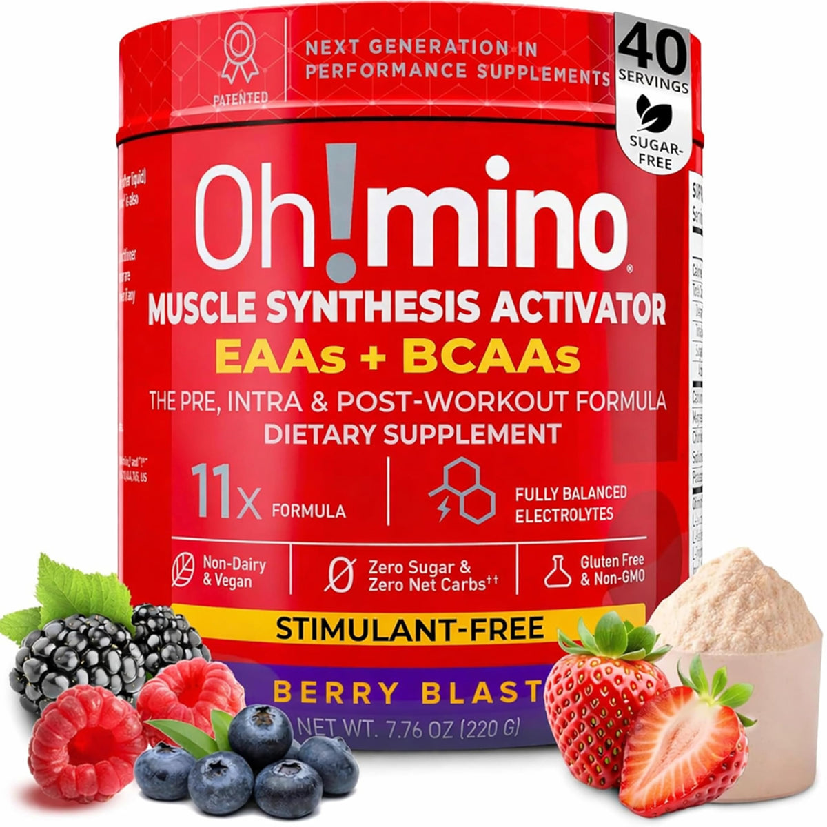 Oh!mino Berry Blast tub label showcases all nine EAAs for complete amino support.