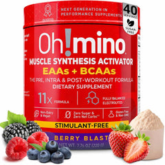 Oh!mino Berry Blast tub label showcases all nine EAAs for complete amino support.