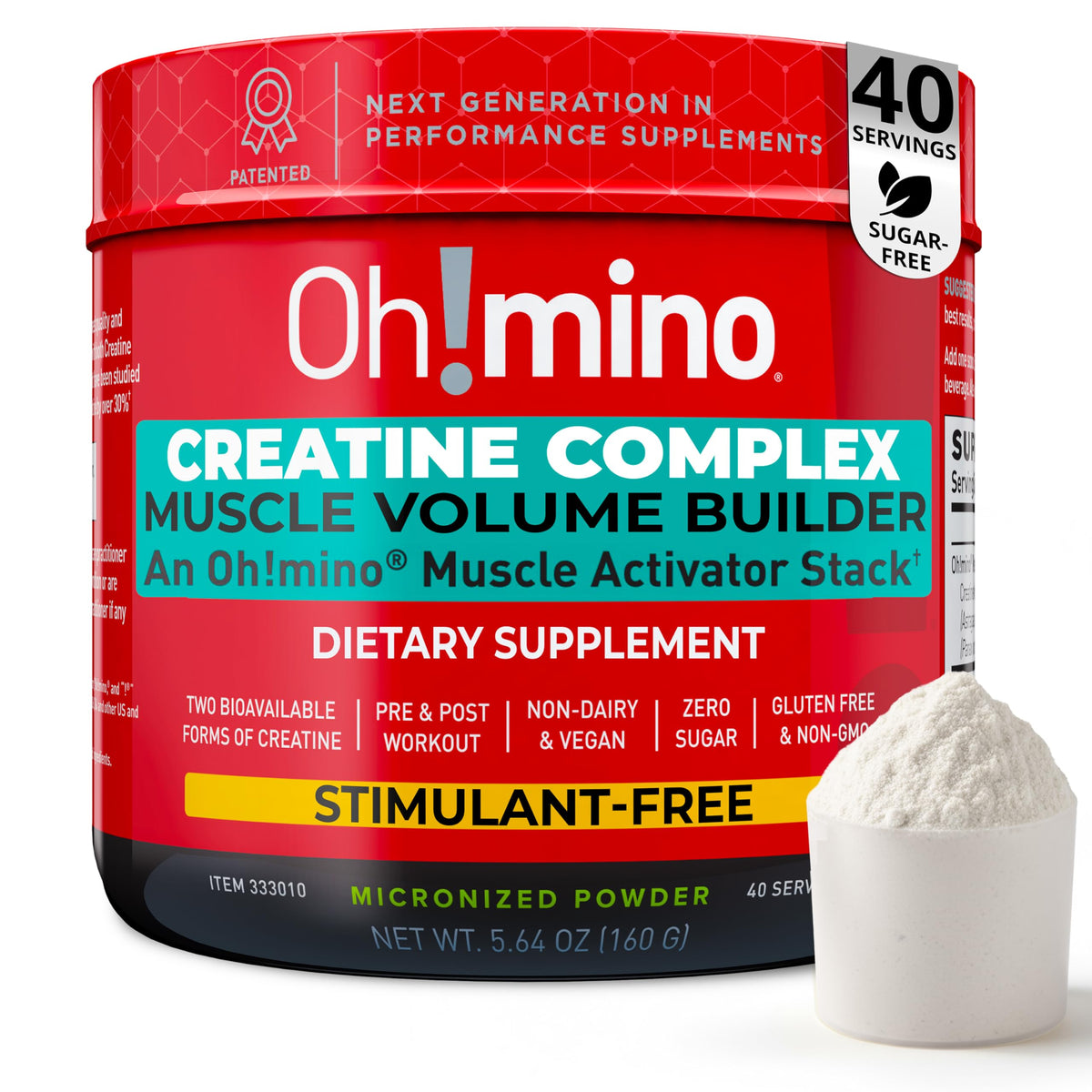 Oh!mino Creatine Complex bottle shows a lemon-lime flavor for sugar-free workout energy.