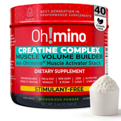 Oh!mino Creatine Complex bottle shows a lemon-lime flavor for sugar-free workout energy.