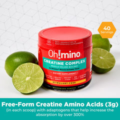 Oh!mino Creatine Complex ingredients panel featuring adaptogens to support absorption.