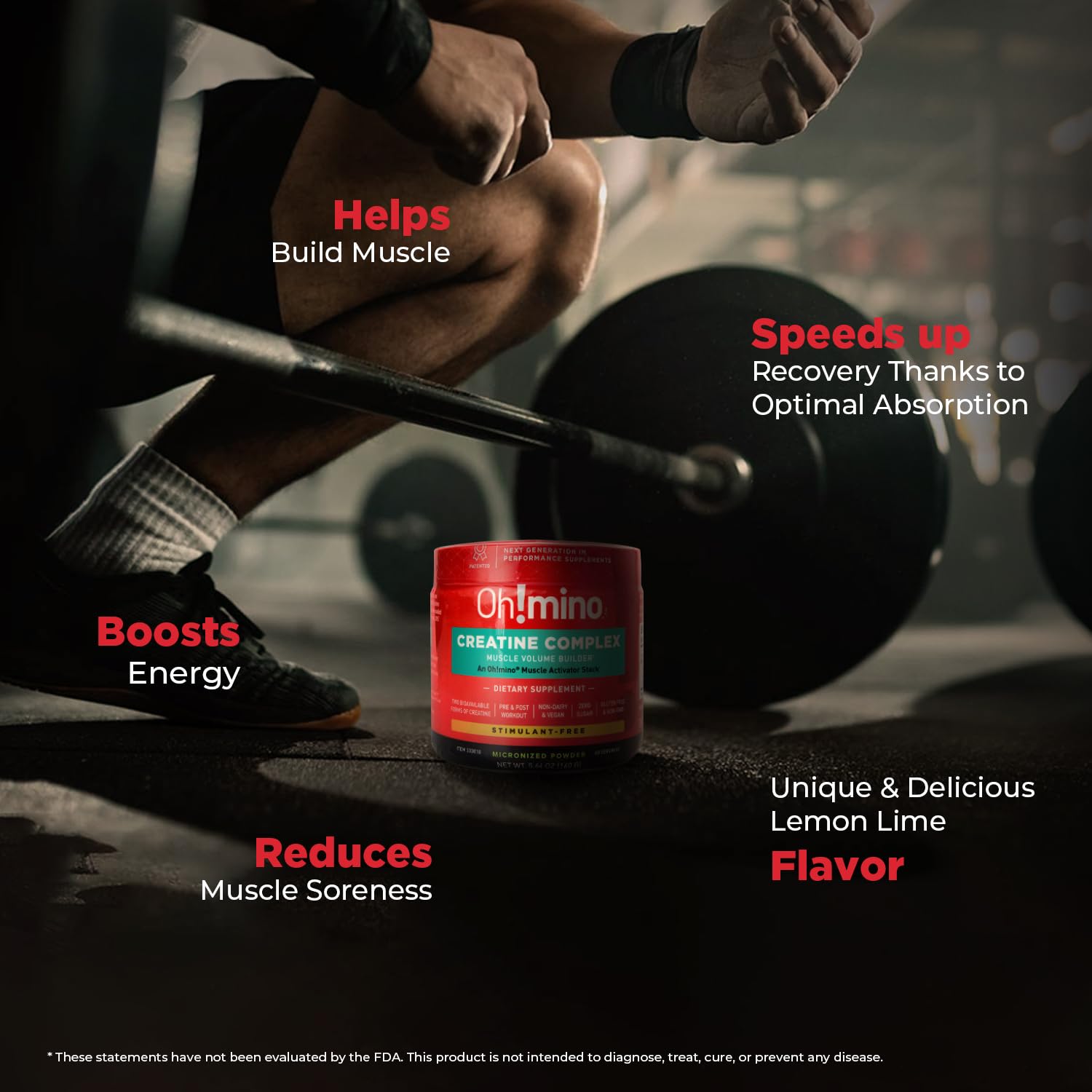 Oh!mino Creatine Complex label highlights vegan, gluten-free, non-GMO formulation.