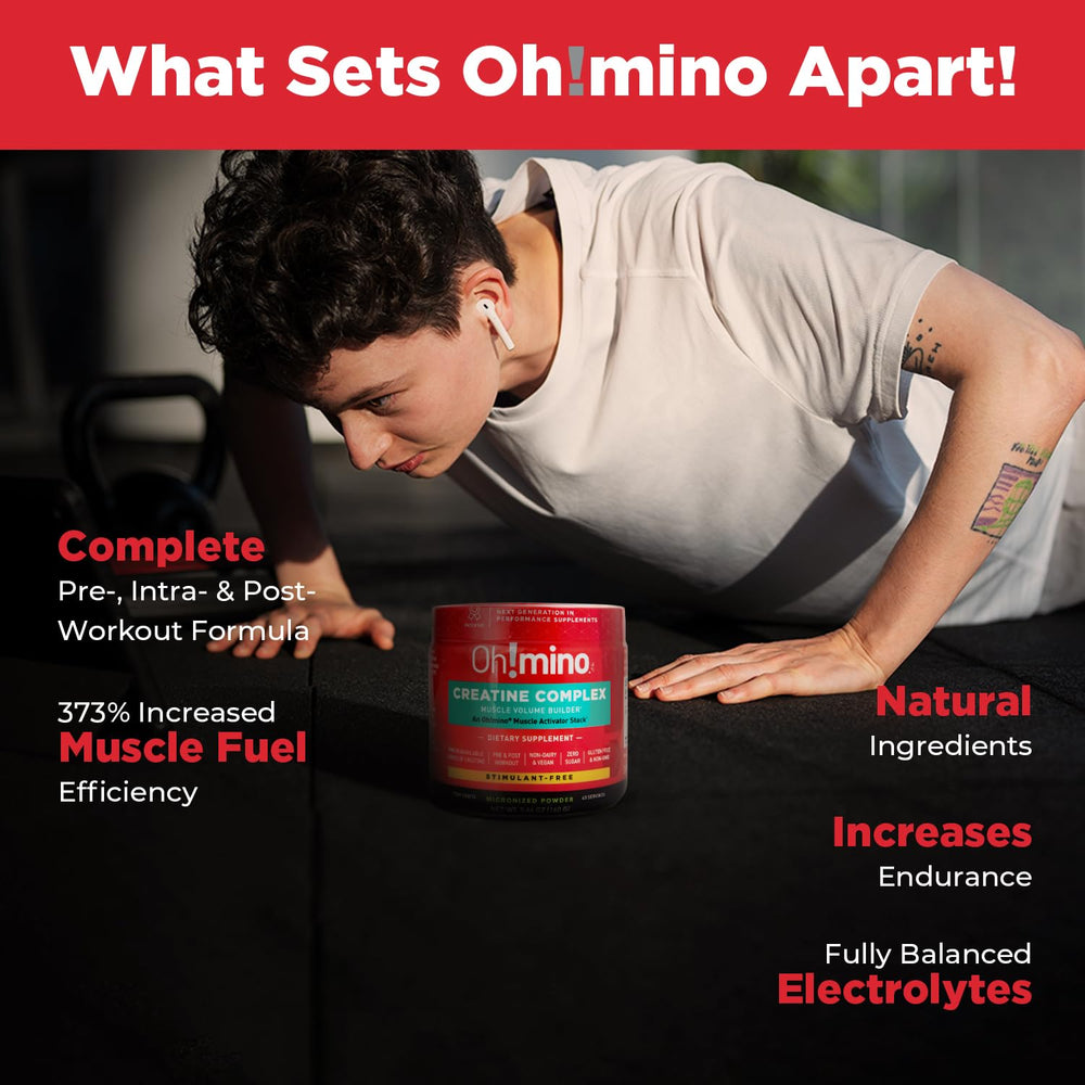 Oh!mino Creatine Complex lemon-lime drink served in a glass, a refreshing zero-carb option.