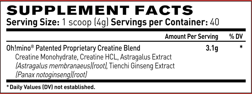 Oh!mino Creatine Complex scoop with micronized creatine blend for potential strength support.