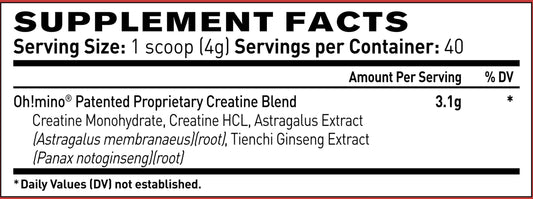 Oh!mino Creatine Complex scoop with micronized creatine blend for potential strength support.