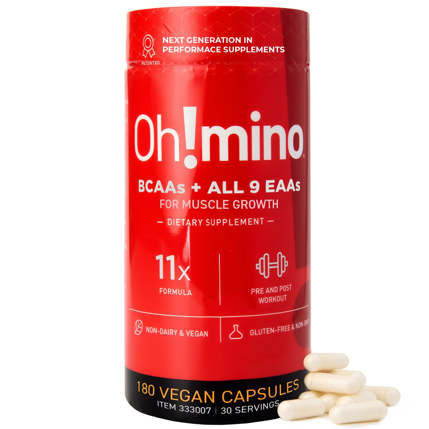 Oh!mino Essential Amino Acids capsules bottle for energy and recovery support.