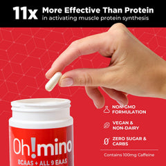 Oh!mino Essential Amino Acids capsules being poured for convenient on-the-go intake.