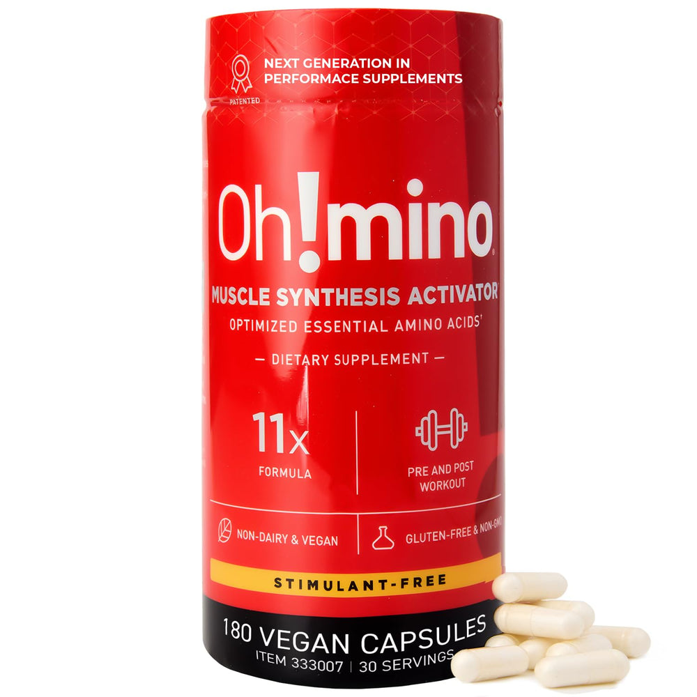 Oh!mino Essential Amino Acids bottle highlighting stimulant-free recovery support