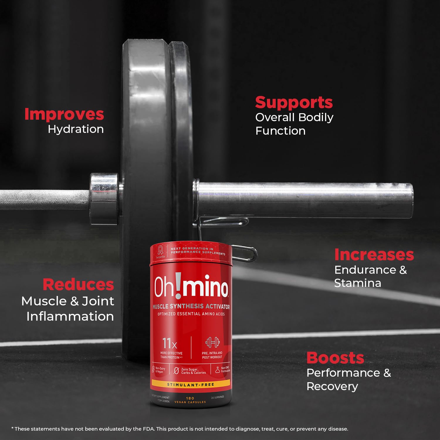Oh!mino label close-up showing vegan non-GMO and sugar-free claims