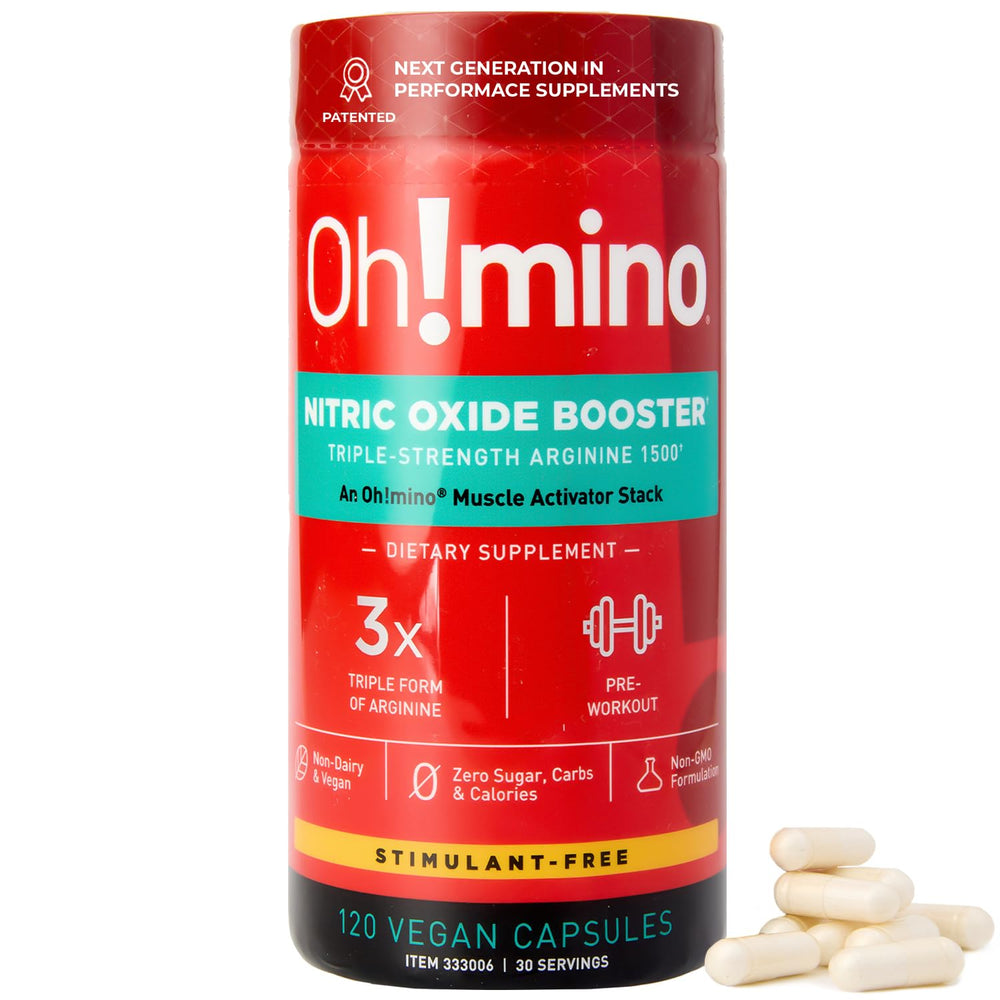 Oh!mino L-Arginine Nitric Oxide bottle front highlights energy and endurance potential.