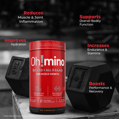 Close-up of Oh!mino label showing complete EAA blend and caffeine content.