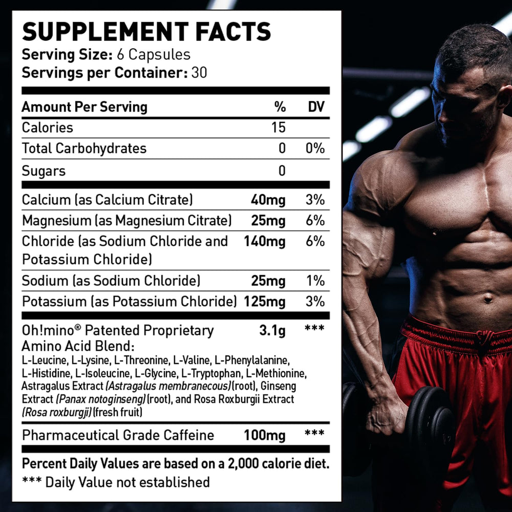 Oh!mino vegan, dairy-free, non-GMO amino capsules for plant-based diets.