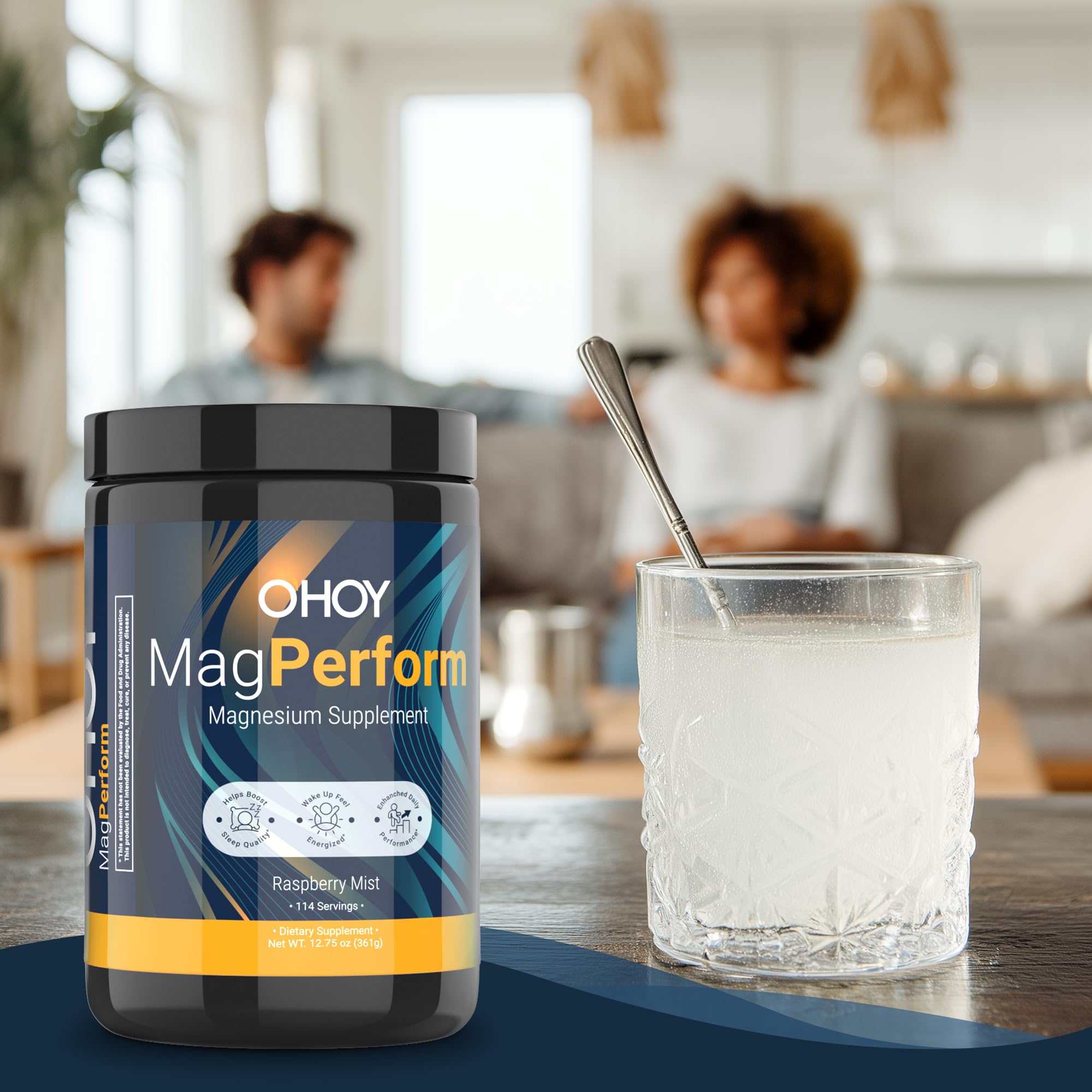Ohoy MagPerform nightstand setup with bottle beside a lamp.