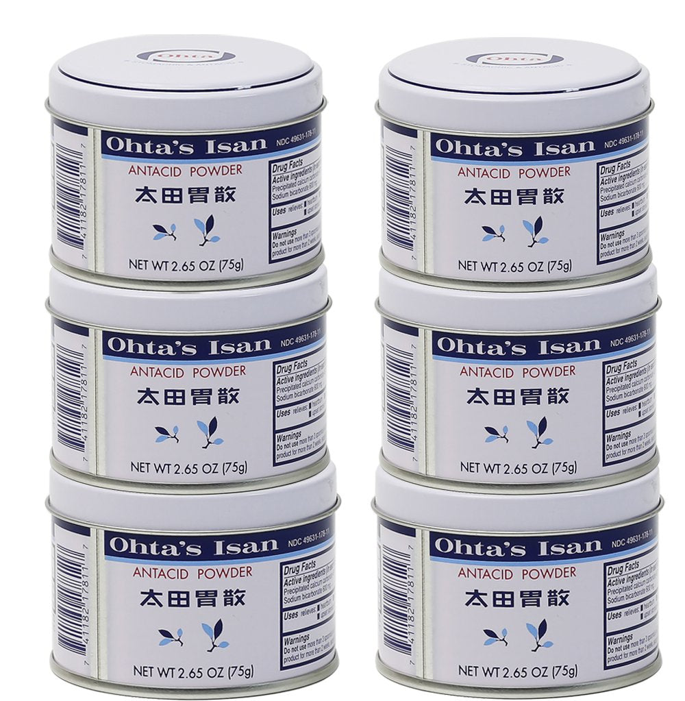 Ohta's Isan Antacid Powder six-can packaging highlights convenience.
