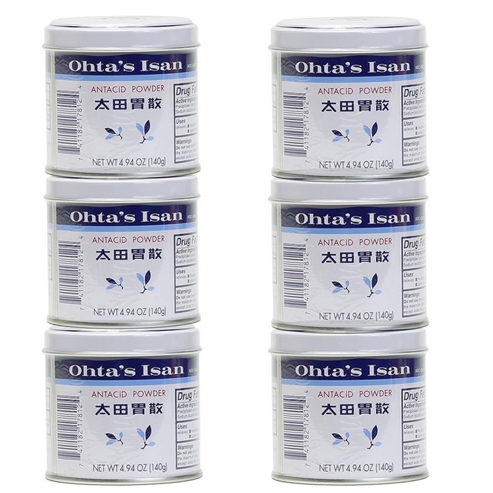 Kitchen shelf scene shows Ohta's Isan can for on-the-go symptom relief.