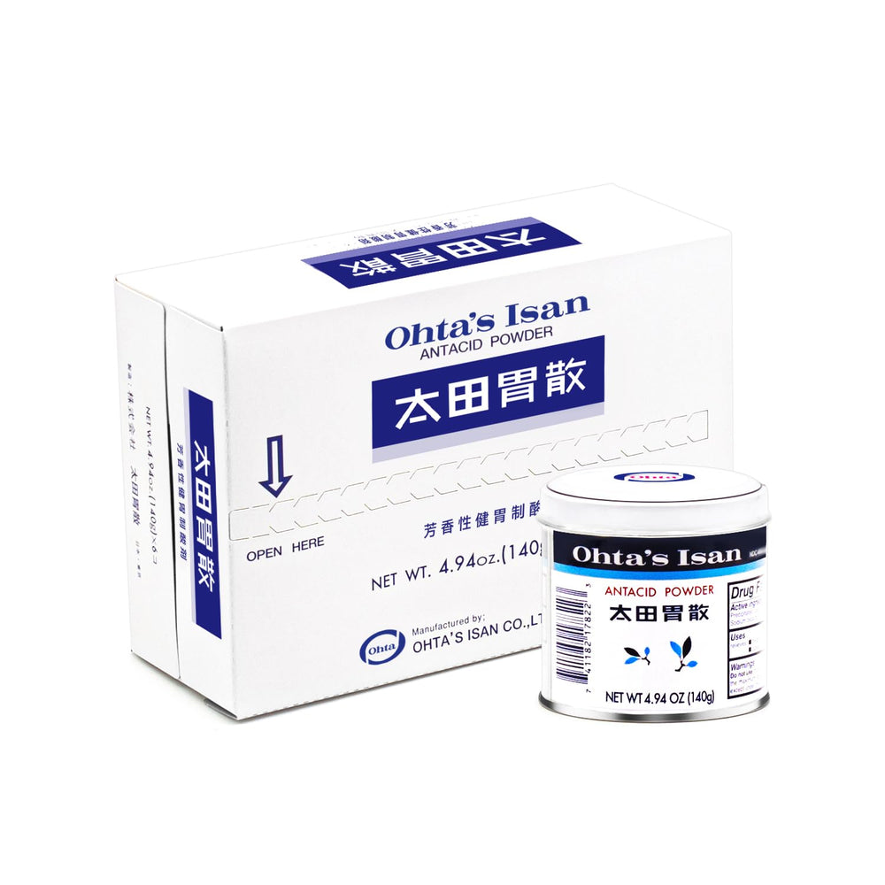 Close-up of Ohta's Isan label highlighting the herbal blend for soothing upset stomachs.
