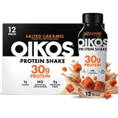 Oikos Salted Caramel Protein Shake bottle highlights 30g protein per serving for muscle support.
