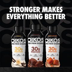 Oikos Salted Caramel Protein Shake being poured into a glass with inviting aroma.