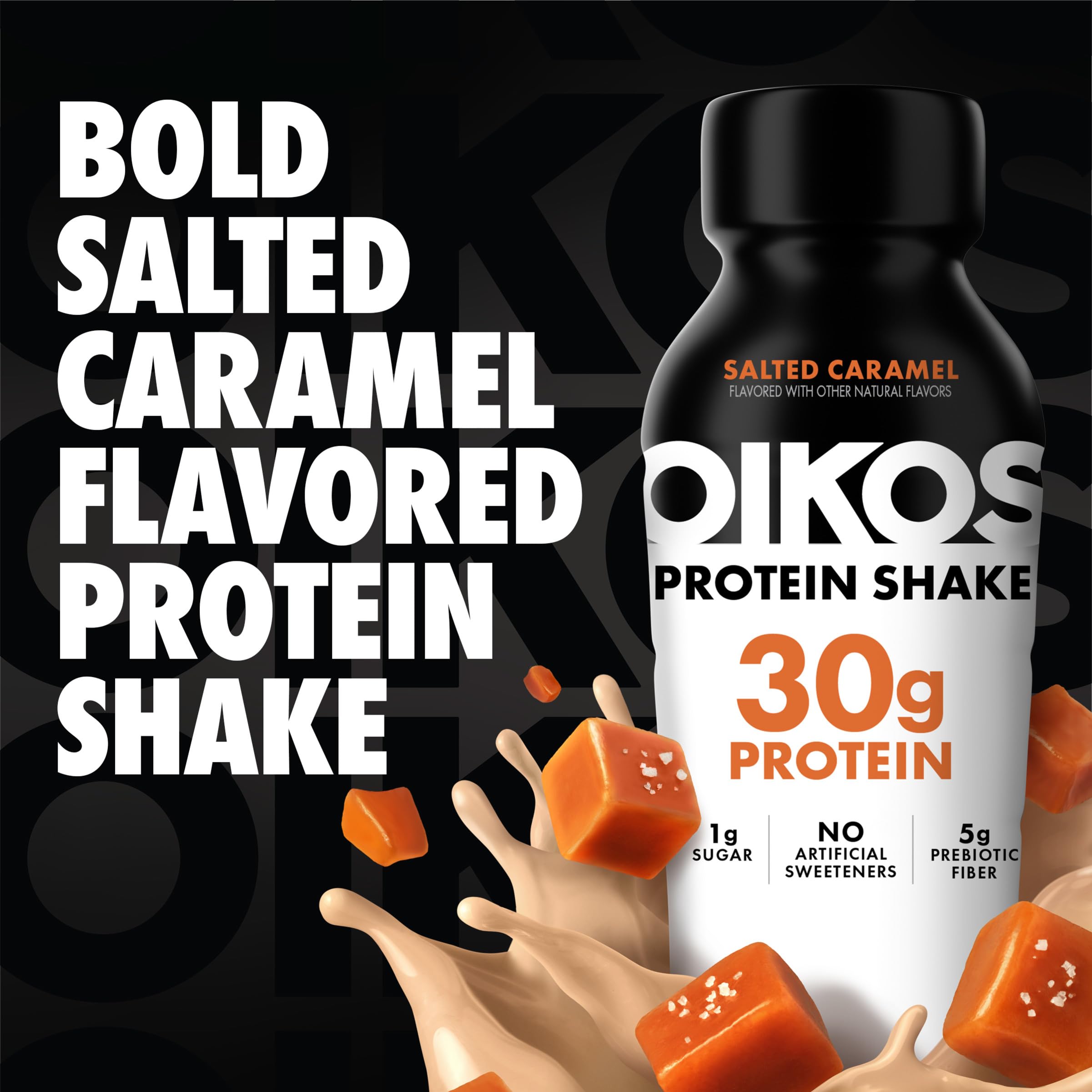 Oikos Salted Caramel Protein Shake being poured for post-workout refuel.