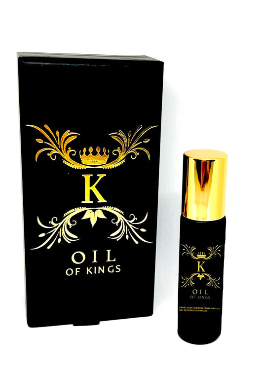 Oil Of Kings frankincense-myrh roll-on closeup highlighting premium glass bottle.