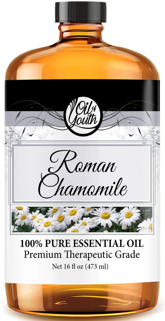 Oil of Youth Roman Chamomile oil bottle pour for aromatherapy and skin care.