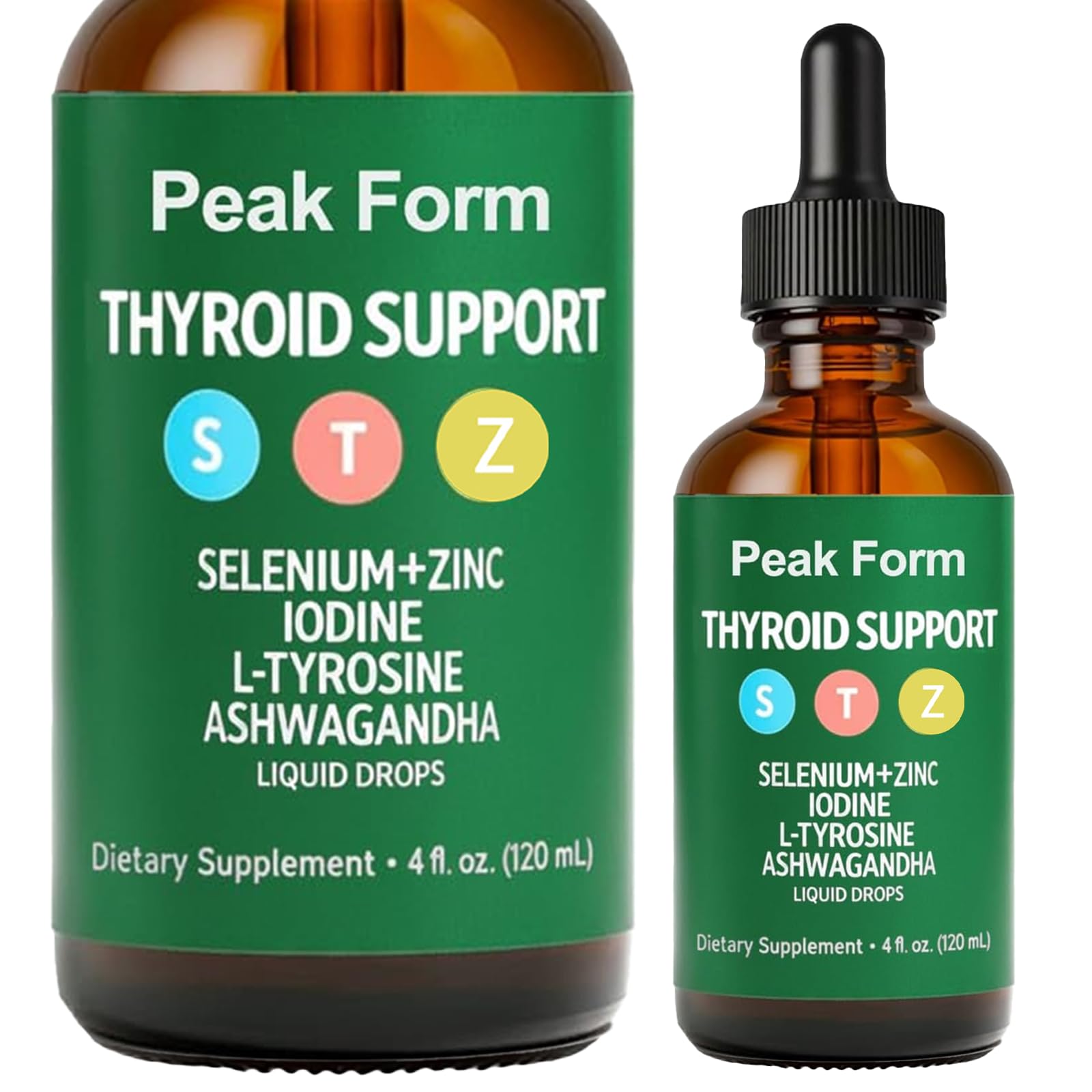 OIMTUE Peak Form drops bottle showing liquid formula for daily thyroid support