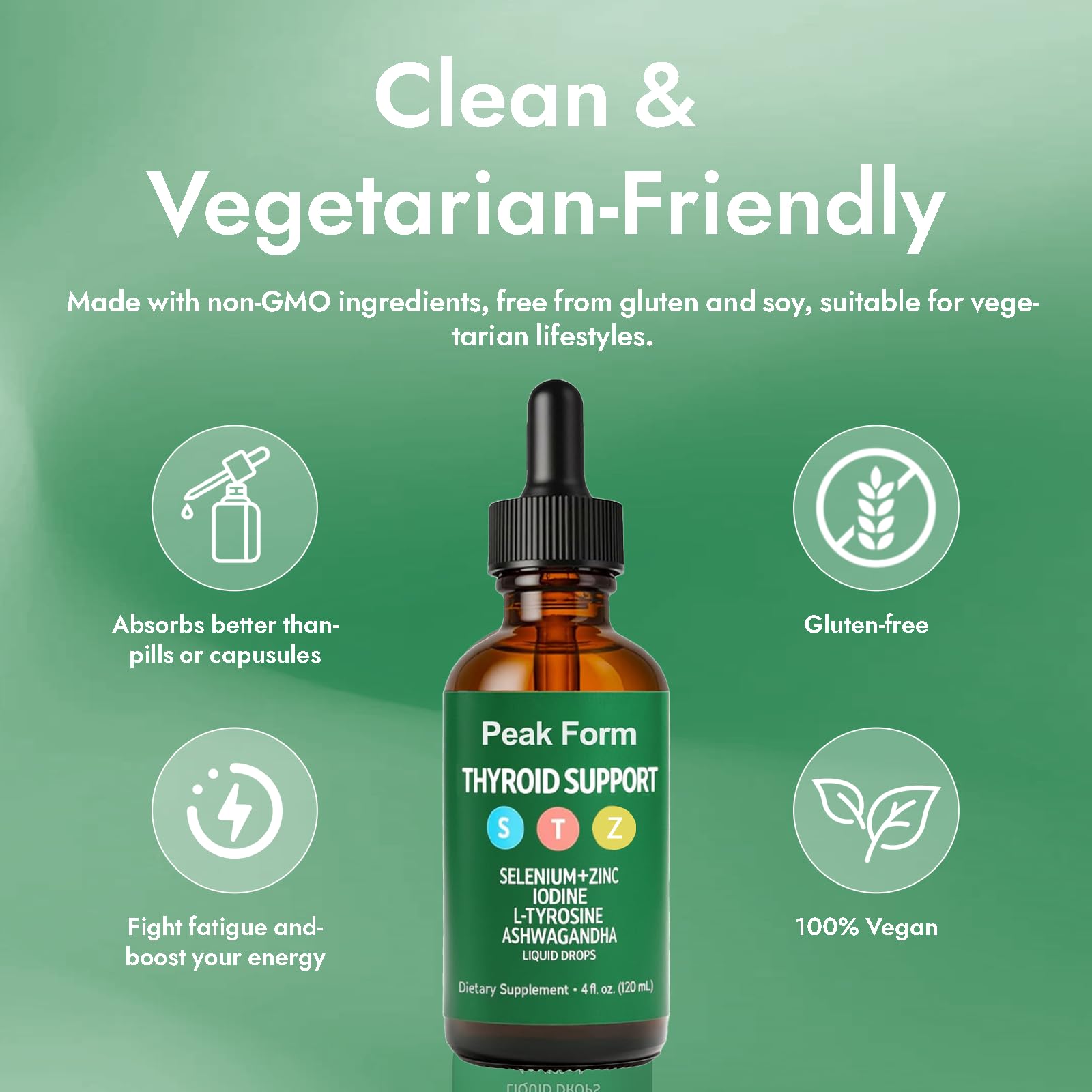 OIMTUE Peak Form drops packaging indicating non-GMO gluten-free soy-free vegetarian-friendly