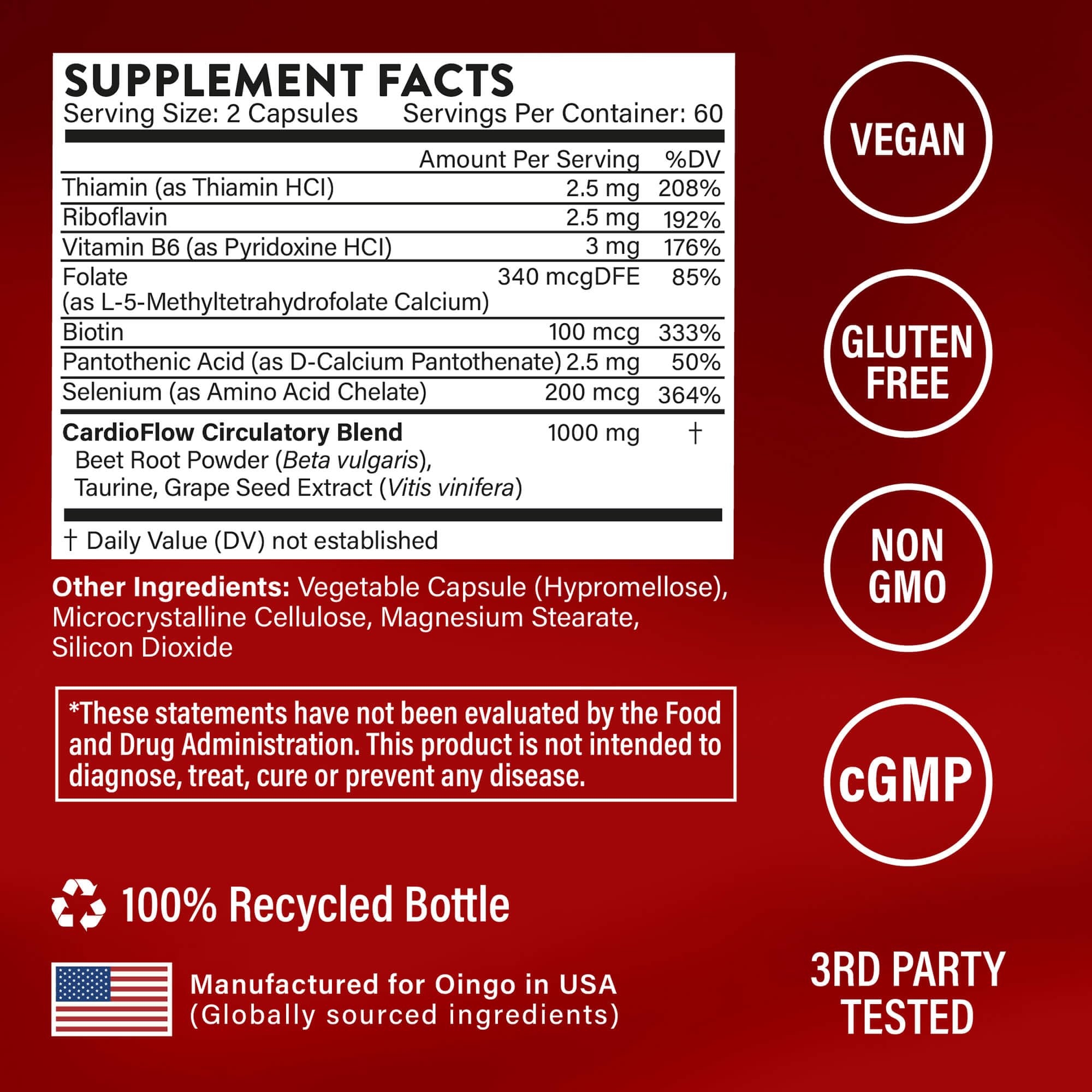 Oingo Cardio Care+ B vitamins label emphasizing energy metabolism and circulation.