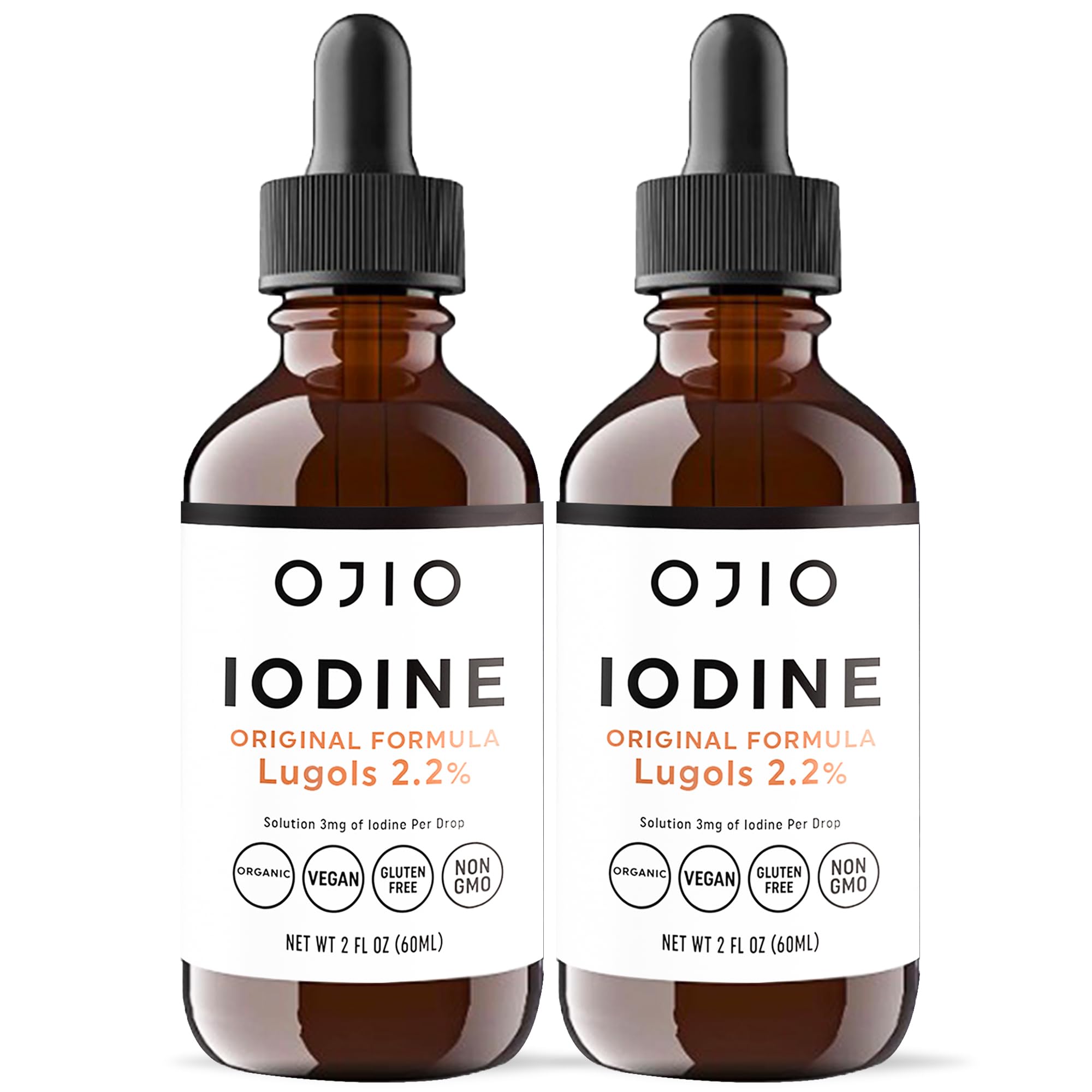 Ojio Lugol's iodine 2% bottle front for dependable daily supplementation.