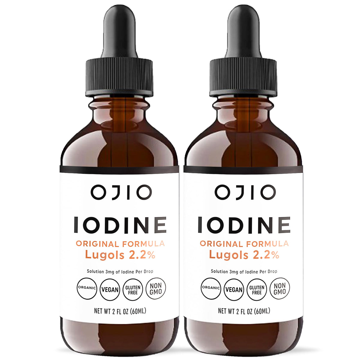 Ojio Lugol's iodine 2% bottle front for dependable daily supplementation.