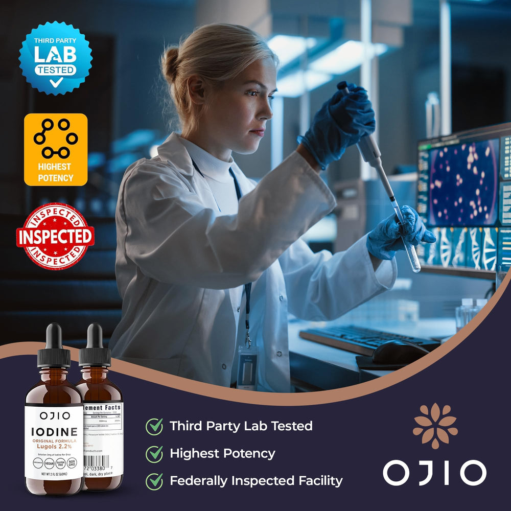 Ojio Lugol's iodine 2% dropper in use allows measured servings.