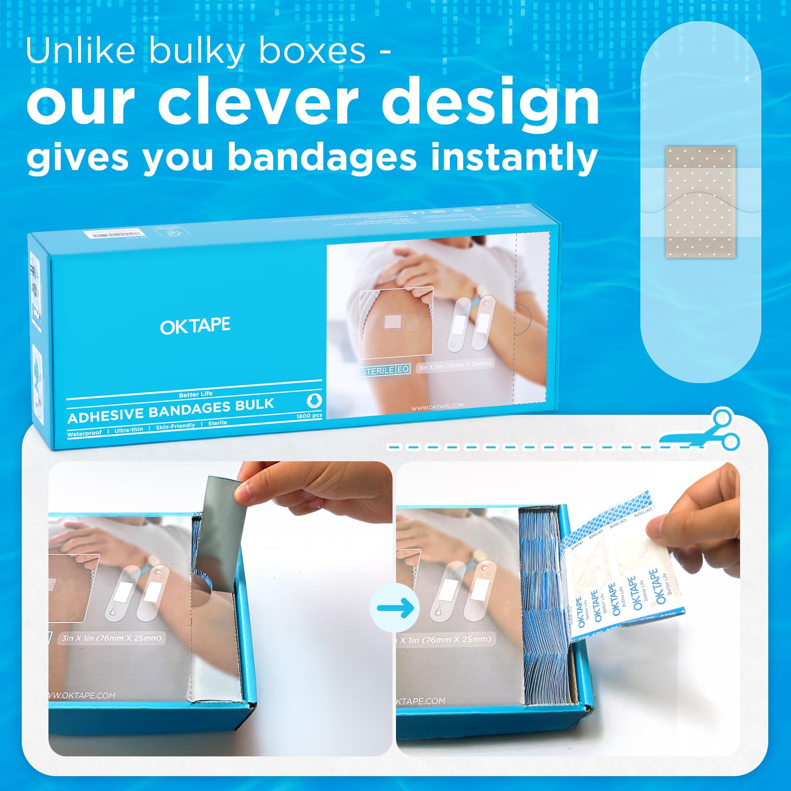 OK TAPE sterile hypoallergenic bandages gentle on sensitive skin for everyday use.