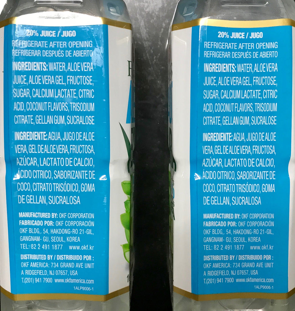 OKF Farmers Aloe Vera Drink Coco 10 label shown, emphasizing organic ingredients and awards.