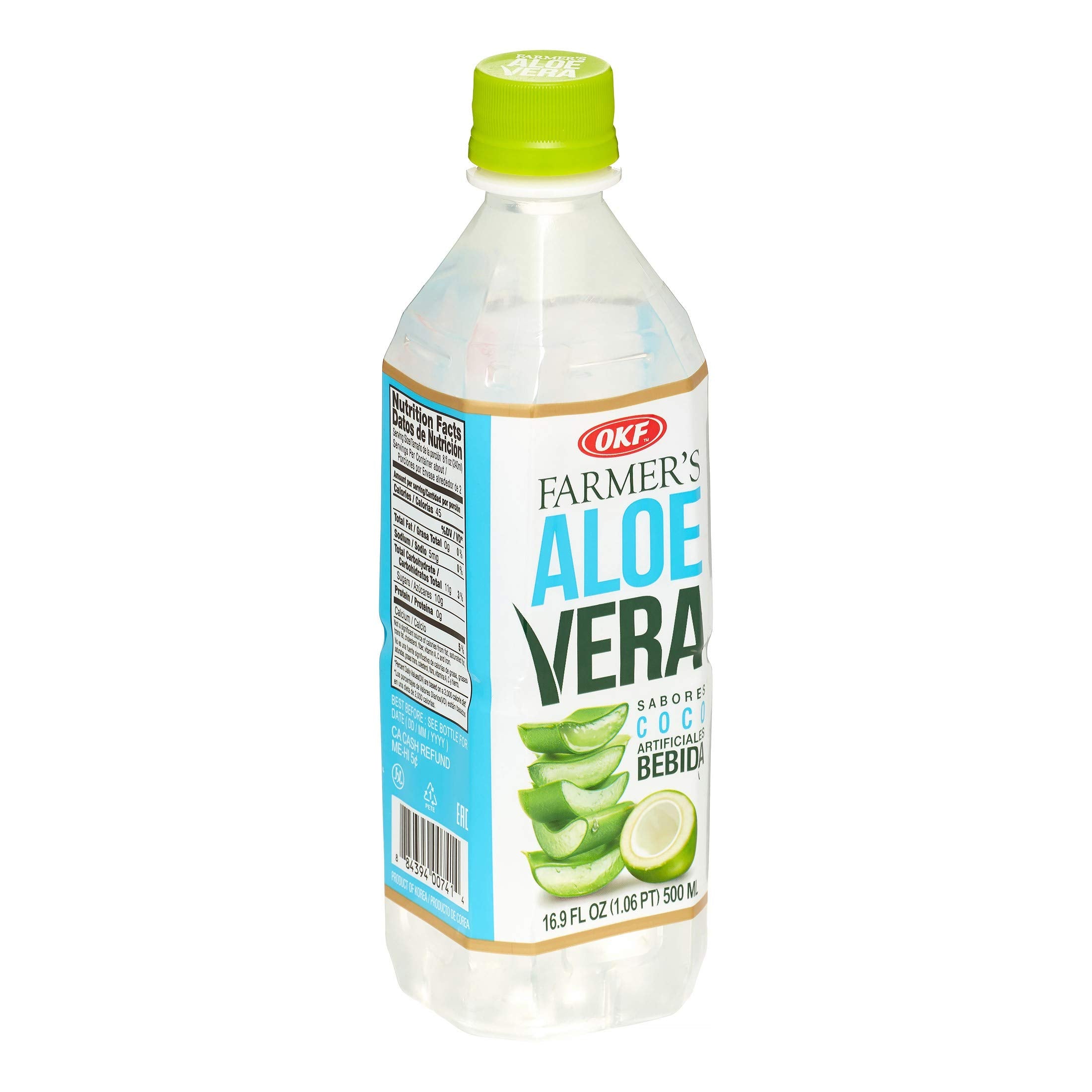Close-up of pulp in OKF Farmers Aloe Vera Drink Coco 10, highlighting natural fiber content.
