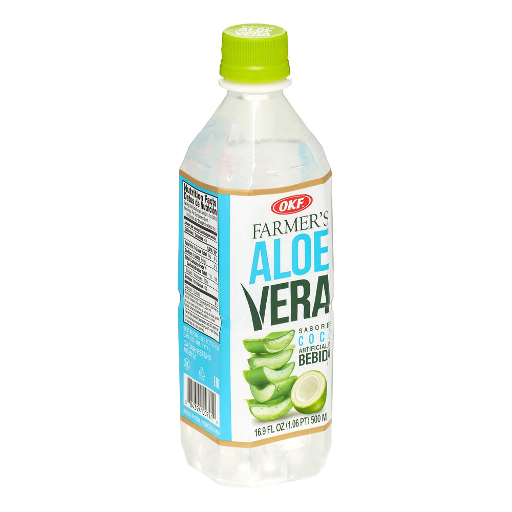 Close-up of pulp in OKF Farmers Aloe Vera Drink Coco 10, highlighting natural fiber content.