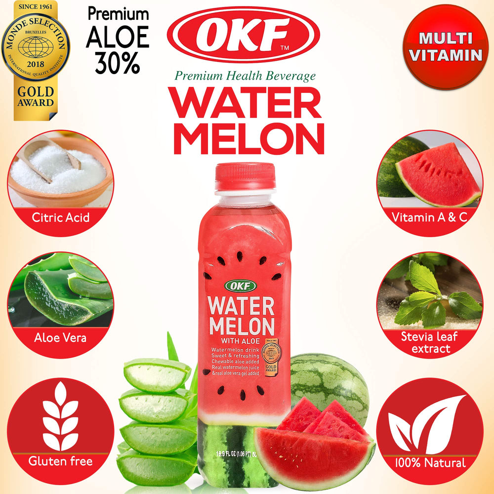 OKF label close-up highlighting real watermelon juice and aloe content