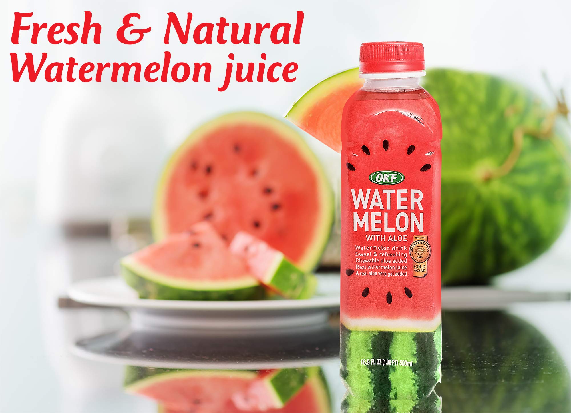 OKF Watermelon with Aloe Vera being poured into a glass for a refreshing sip