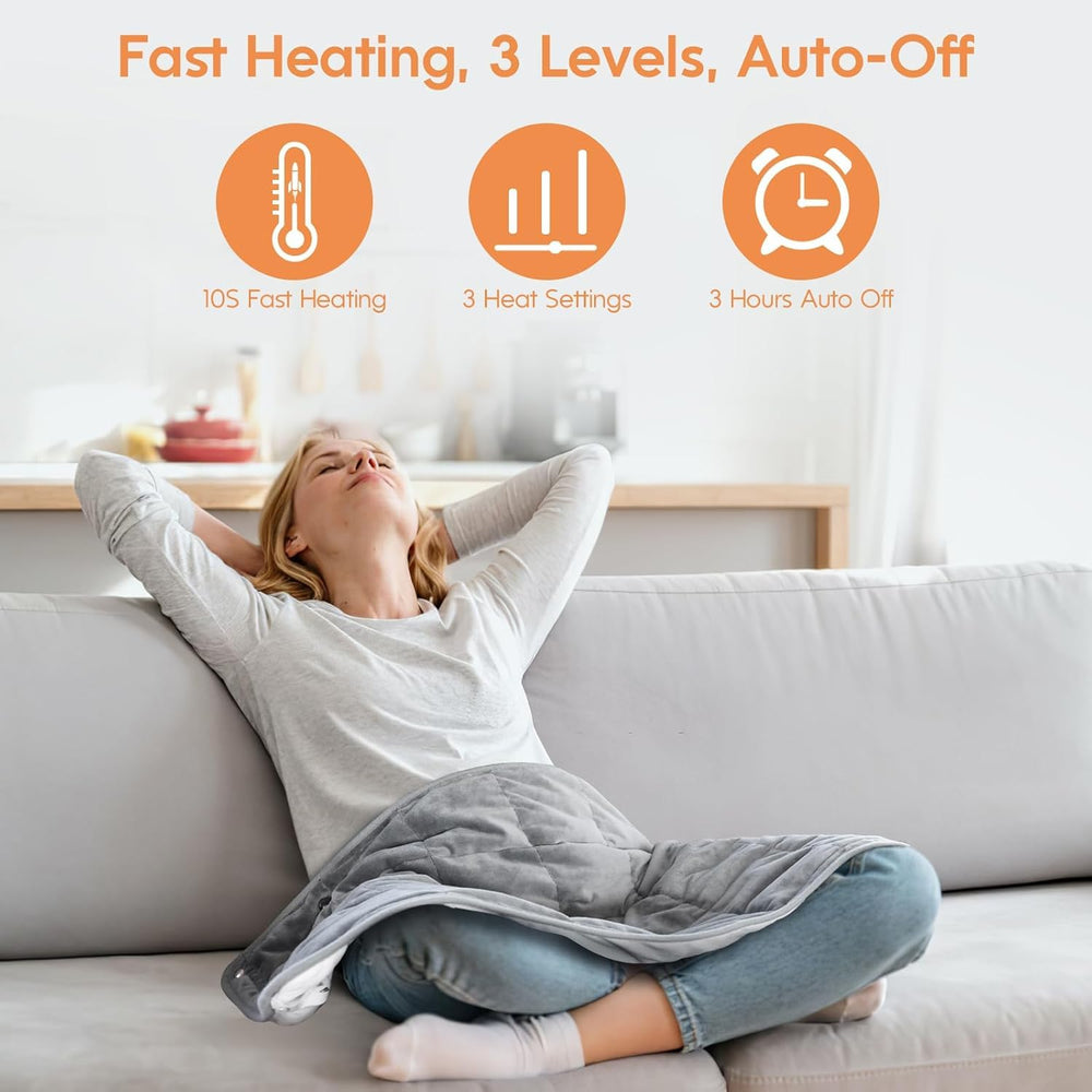 OKK weighted heating pad on a bed demonstrates full-body coverage for resting warmth