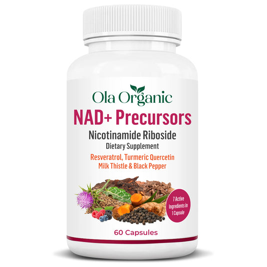 Ola Organic NAD+ Plus bottle front showing NR-based energy support and clean ingredients